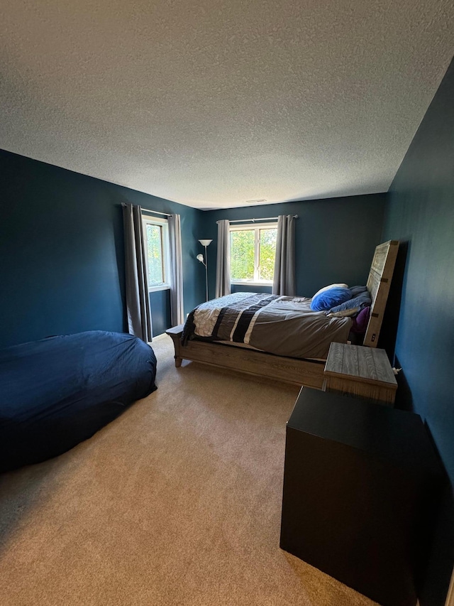 bedroom with carpet floors and a textured ceiling