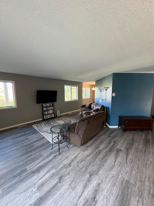 living room featuring wood-type flooring and a textured ceiling