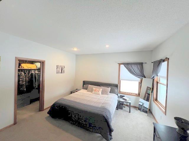 bedroom with a spacious closet, a closet, light colored carpet, and a textured ceiling