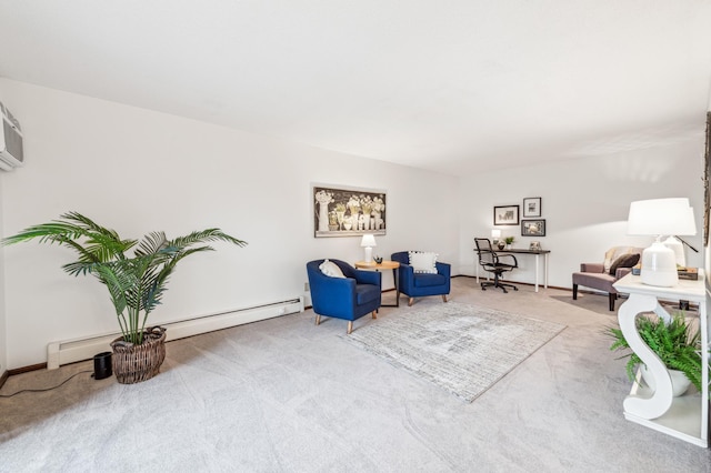 living area with carpet floors and a baseboard heating unit