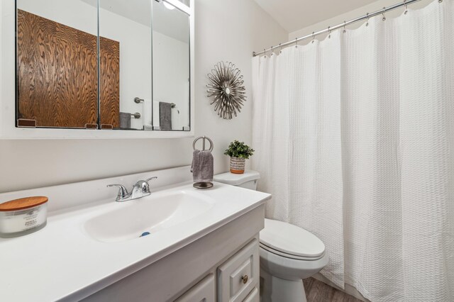 bathroom featuring toilet, vanity, and hardwood / wood-style flooring