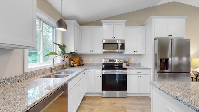 kitchen featuring a wealth of natural light, sink, vaulted ceiling, and appliances with stainless steel finishes