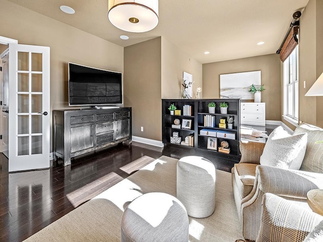 living room with dark hardwood / wood-style floors