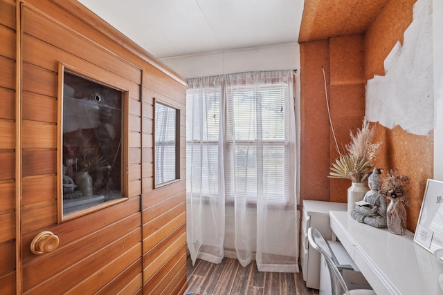 interior space featuring hardwood / wood-style flooring and wooden walls