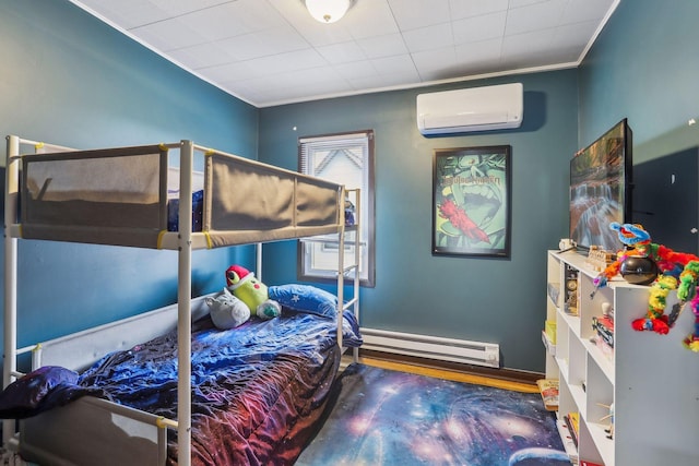 bedroom with a baseboard radiator, a wall unit AC, and ornamental molding