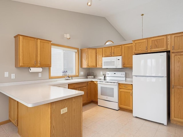 kitchen with pendant lighting, sink, white appliances, high vaulted ceiling, and kitchen peninsula