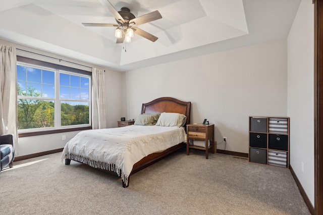 bedroom with a raised ceiling, ceiling fan, and carpet