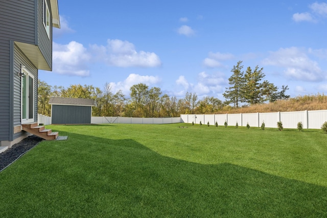 view of yard featuring a storage shed