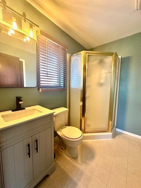 bathroom with toilet, vanity, vaulted ceiling, and an enclosed shower