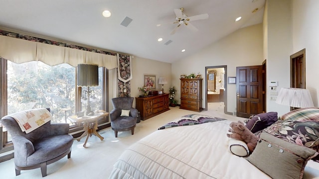 carpeted bedroom with ceiling fan and high vaulted ceiling