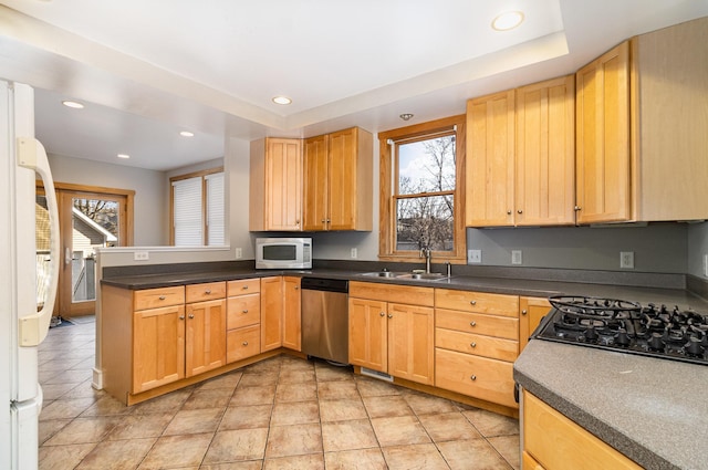 kitchen featuring kitchen peninsula, sink, a healthy amount of sunlight, and white appliances