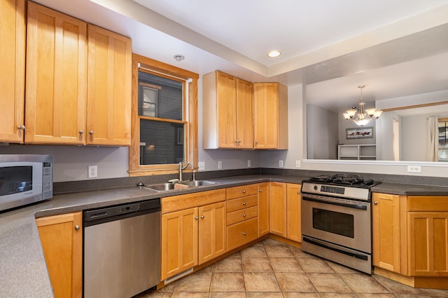 kitchen featuring stainless steel appliances, sink, decorative light fixtures, a chandelier, and light tile patterned flooring