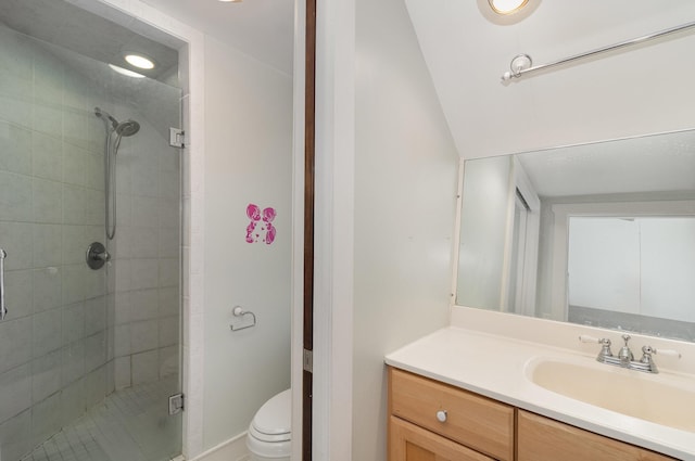 bathroom with vanity, vaulted ceiling, toilet, and a shower with shower door