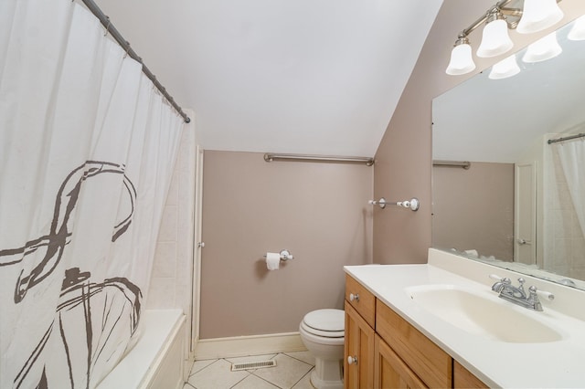 full bathroom featuring vanity, shower / bathtub combination with curtain, tile patterned flooring, toilet, and lofted ceiling