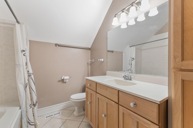 1096 14th Ave SE, Minneapolis, MN 55414 - bathroom featuring tile patterned flooring, vanity, shower / bathtub combination with curtain, and lofted ceiling