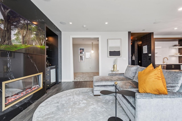 living room with dark wood-type flooring