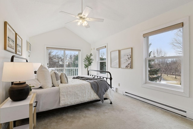 bedroom featuring carpet flooring, lofted ceiling, ceiling fan, and baseboard heating
