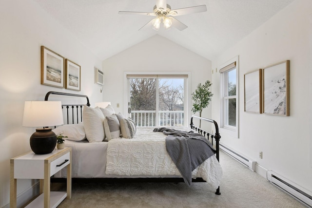 bedroom featuring access to exterior, carpet flooring, lofted ceiling, a baseboard heating unit, and ceiling fan