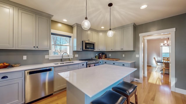 kitchen featuring light hardwood / wood-style flooring, stainless steel appliances, gray cabinets, and sink