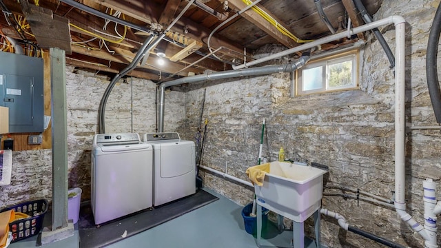 basement with separate washer and dryer, electric panel, and sink