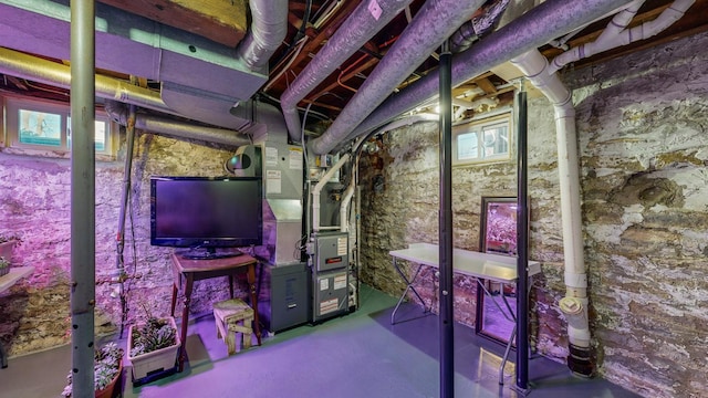 basement featuring heating unit