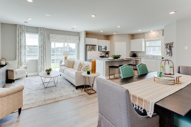 dining area with sink and light hardwood / wood-style flooring