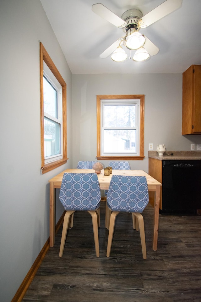 dining room with ceiling fan, dark hardwood / wood-style flooring, and a wealth of natural light