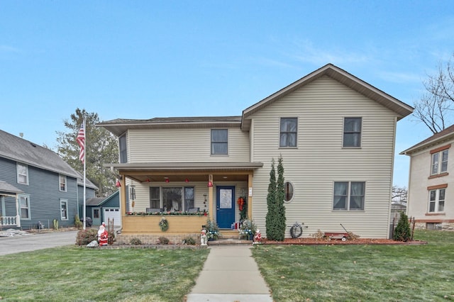 view of front facade featuring a porch and a front lawn