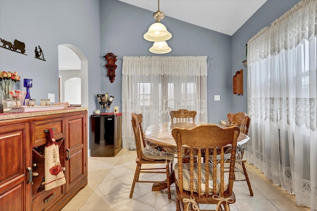 tiled dining room featuring plenty of natural light and lofted ceiling