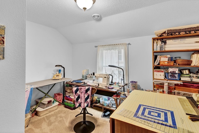 carpeted office with a textured ceiling and lofted ceiling