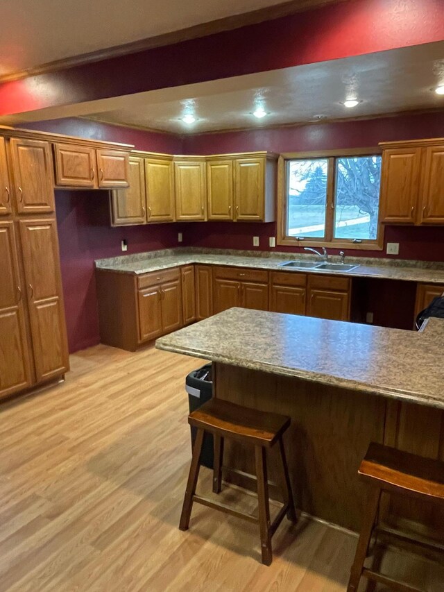 kitchen featuring a kitchen breakfast bar, light wood-type flooring, and sink