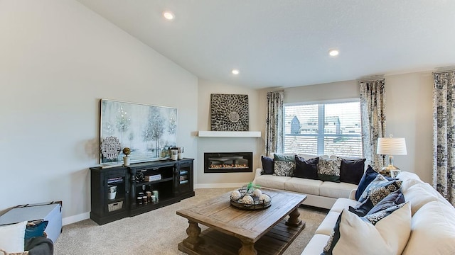 carpeted living room featuring lofted ceiling