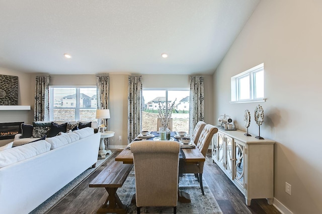 dining space featuring dark hardwood / wood-style flooring, plenty of natural light, and lofted ceiling