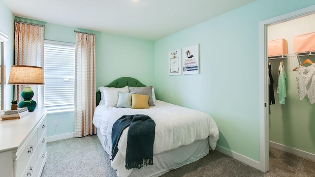 carpeted bedroom featuring a closet, a walk in closet, and multiple windows