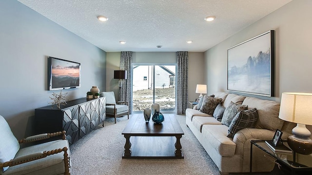 carpeted living room with a textured ceiling