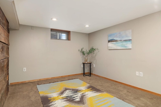 basement with baseboards, carpet flooring, and recessed lighting