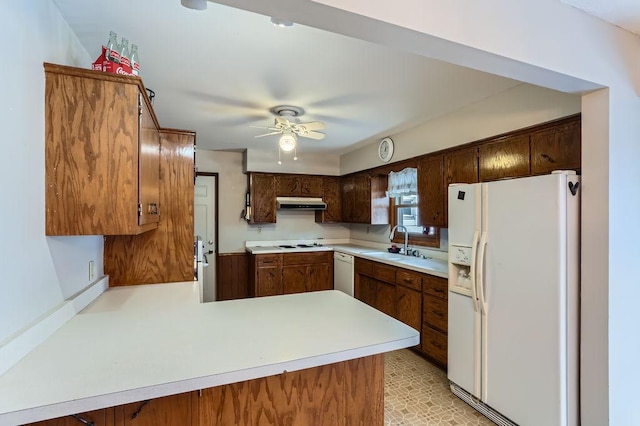 kitchen with ceiling fan, kitchen peninsula, sink, and white appliances