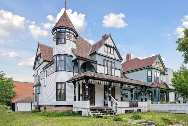victorian home with a front lawn, covered porch, and roof with shingles
