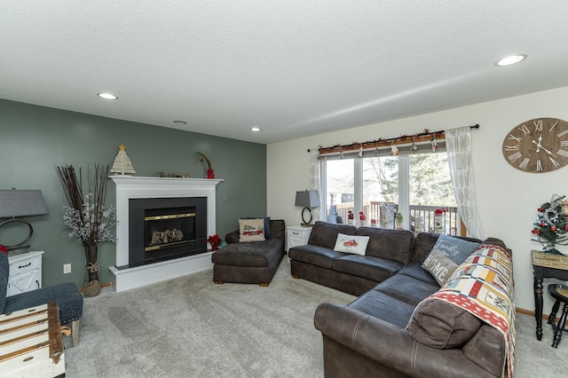 living room featuring carpet flooring and a textured ceiling