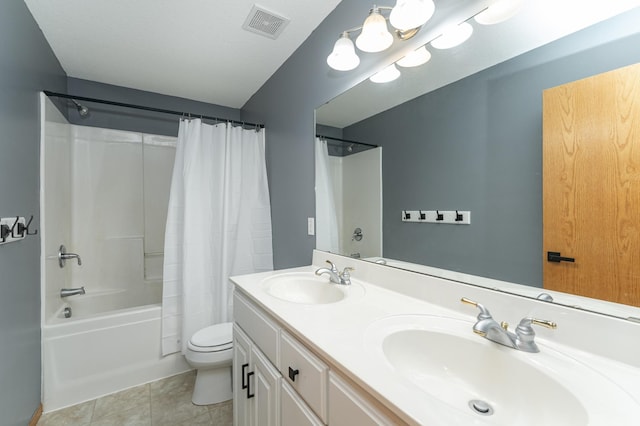 full bathroom featuring shower / tub combo, vanity, tile patterned flooring, and toilet