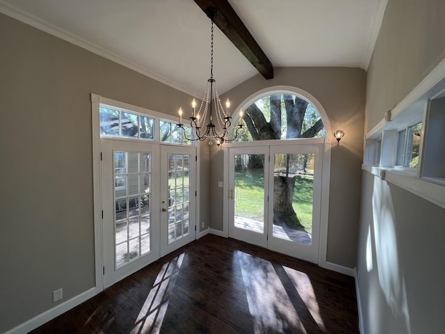 entryway with vaulted ceiling with beams, french doors, a chandelier, and dark hardwood / wood-style flooring