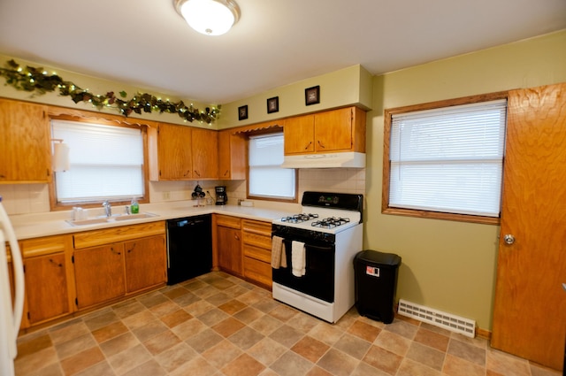 kitchen featuring black dishwasher, backsplash, gas range gas stove, and sink