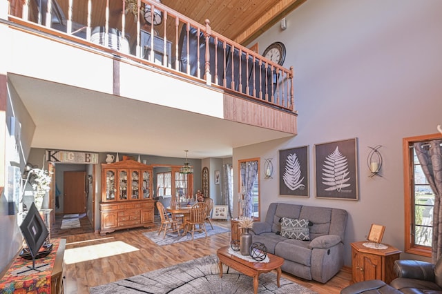 429 Bridge Ave, Warren, MN 56762 - living area with wood finished floors, a high ceiling, and wood ceiling