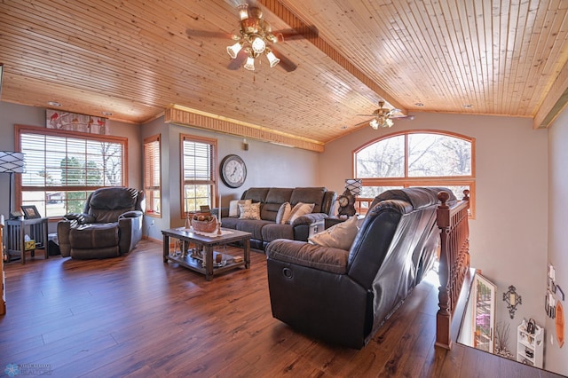 429 Bridge Ave, Warren, MN 56762 - living area with a ceiling fan, wood ceiling, and dark wood-style floors