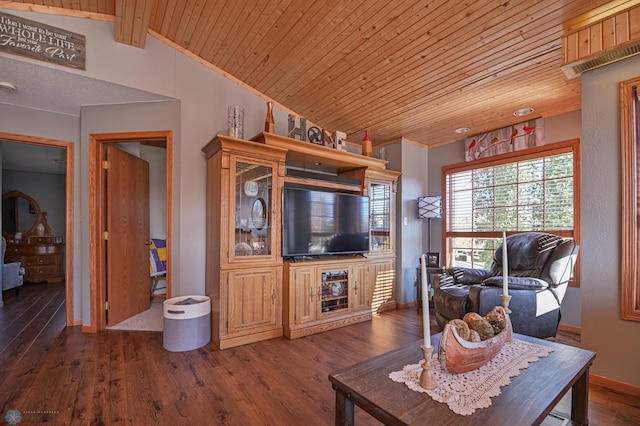 429 Bridge Ave, Warren, MN 56762 - living room featuring wood finished floors, vaulted ceiling, and wood ceiling
