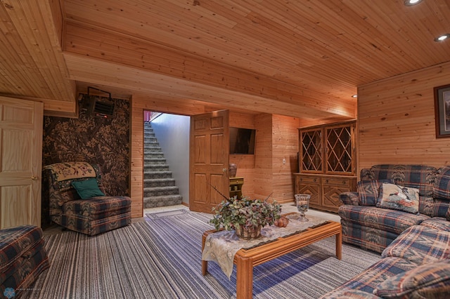 429 Bridge Ave, Warren, MN 56762 - living area with wooden ceiling, wood walls, stairs, carpet floors, and recessed lighting