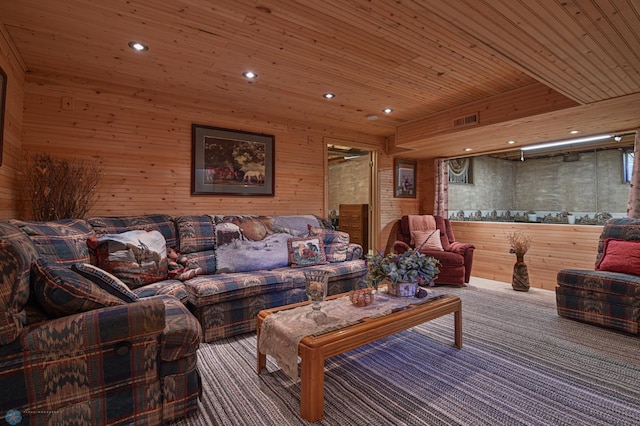 429 Bridge Ave, Warren, MN 56762 - carpeted living room with wood walls, wood ceiling, and recessed lighting