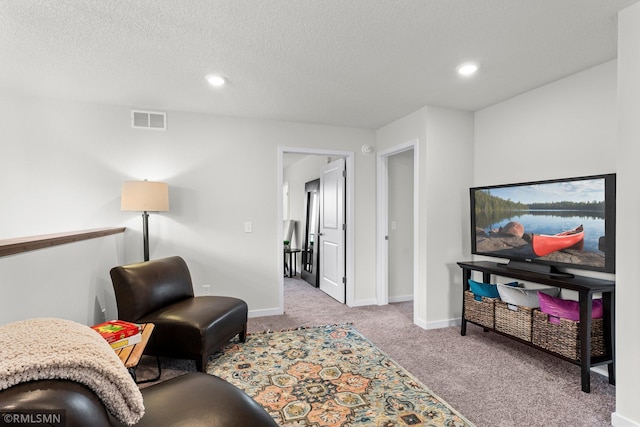 sitting room with light colored carpet and a textured ceiling