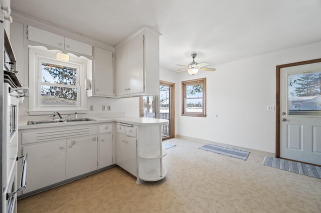 kitchen with sink, white cabinets, and light carpet