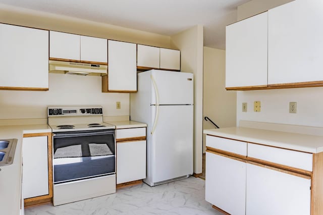 kitchen featuring white cabinetry, white appliances, and sink